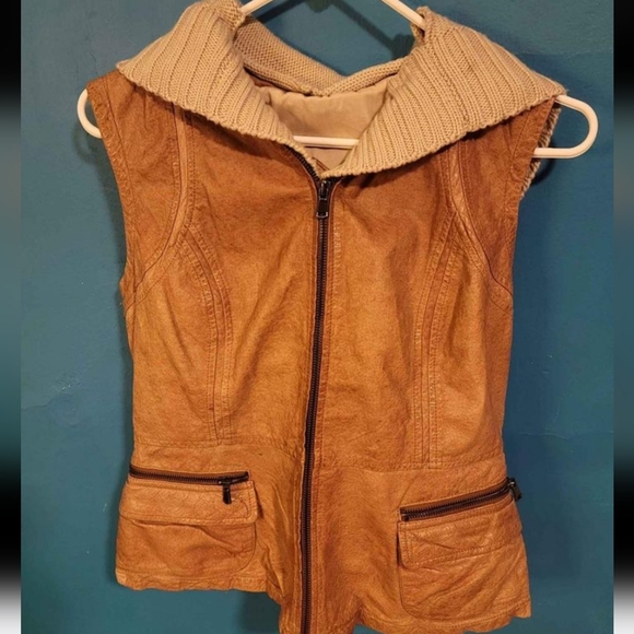 JACKETT NEW YORK Genuine Leather Boho Tan Vest with Hood Small - Picture 5 of 11